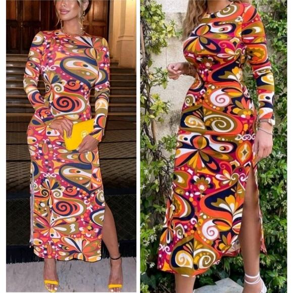 Zara Mod Printed Maxi Dress BodyCon Side Slits Stretch Retro 60s 70s Fitted XS - Picture 2 of 9
